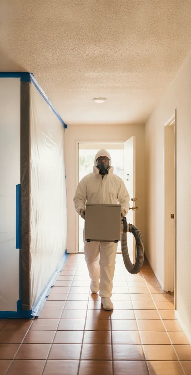 Mold remediation technician in PPE setting up containment in a Van Nuys home