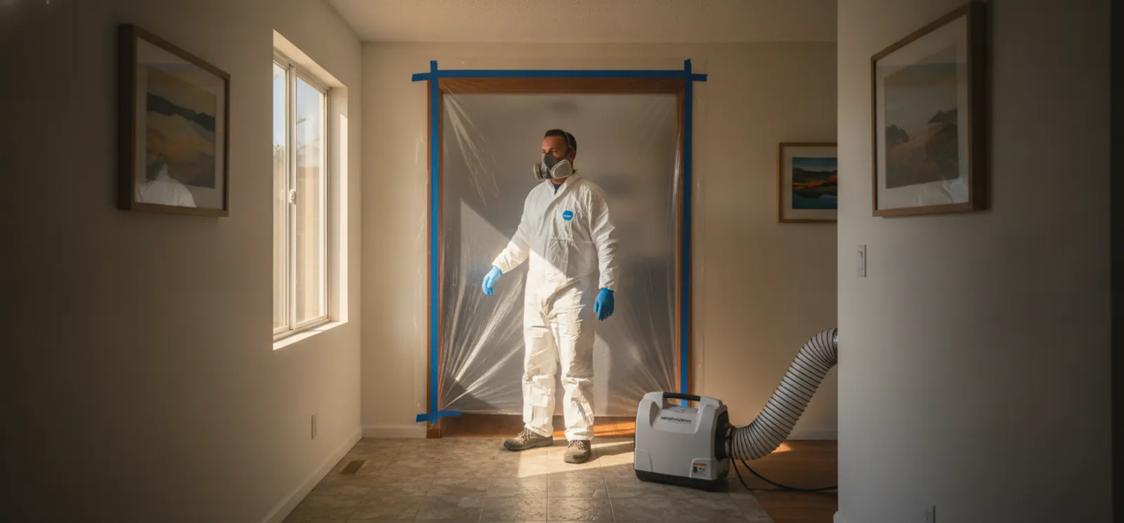 Mold remediation technician in PPE setting up containment in a Van Nuys home